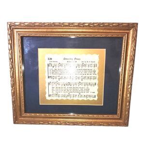 "Amazing Grace"  Blue & Gold Matted Gold Framed Hymn With Music‎ Box 12.5"X10.5"